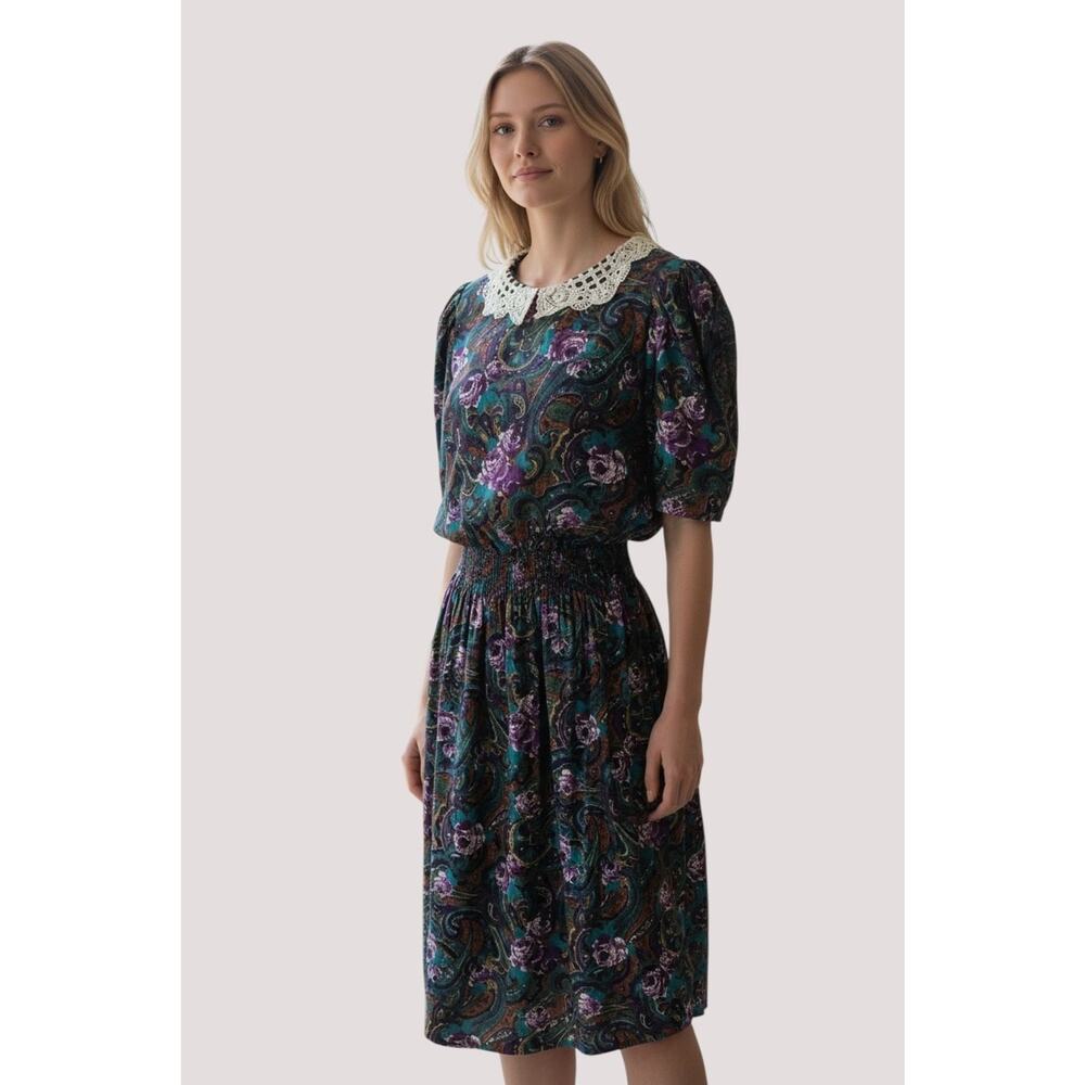 Stuart Alan Petites Size 8 Dark‎ Vintage Floral Dress Cottagecore Lace Collar